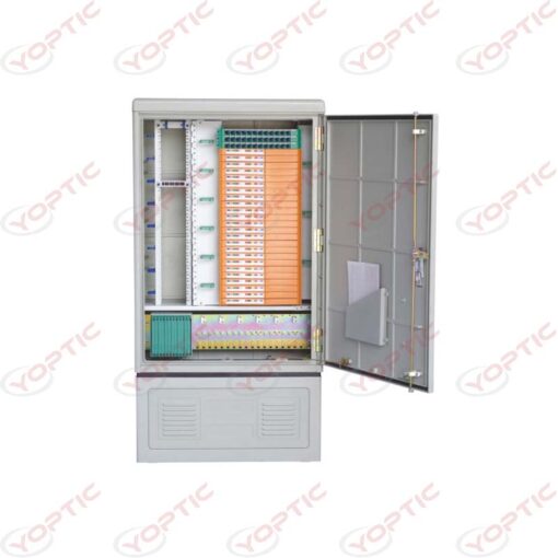 YFDC-288D Fiber Distribution Cabinet, also known as Fiber cross connection cabinet, Outdoor Fiber Optic Cabinet, has a variety of functions including leading optical cables, fixing and protecting, splicing and protecting fiber optic, storing and managing pigtails, parking lot, routing management, straight splicing or Splitting of fiber optic cables. It is widely used to handle fiber optic cross connections and to accommodate passive optical splitters in PON FTTX networks, but can also be used for cross splicing applications or combinations of both.  