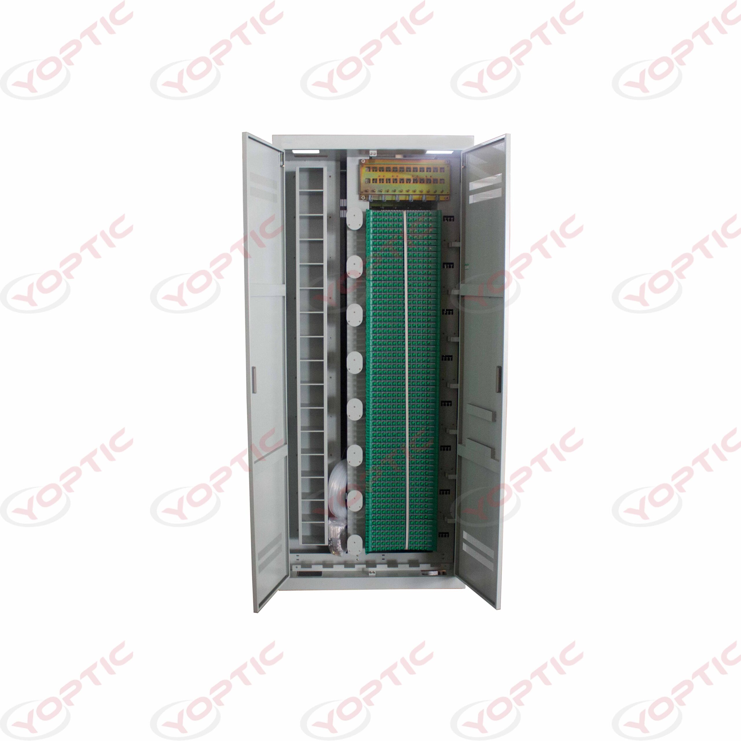 YODF-C Type2 Optical Distribution Frame, also known as Fiber Optic Distribution Frame, is mainly used for the terminal and distribution of the main optical cable in the optical fiber communication system. This equipment can achieve the fixed, stripping, grounding protection of optical cable, as well as a variety of optical fiber welding, jump, redundant fiber coiling, reasonable layout, wiring scheduling and other functions, is the transmission medium and transmission equipment between the supporting equipment. It is suitable for small and medium-sized distribution systems from fiber to cell, fiber to building, remote module and wireless base station.